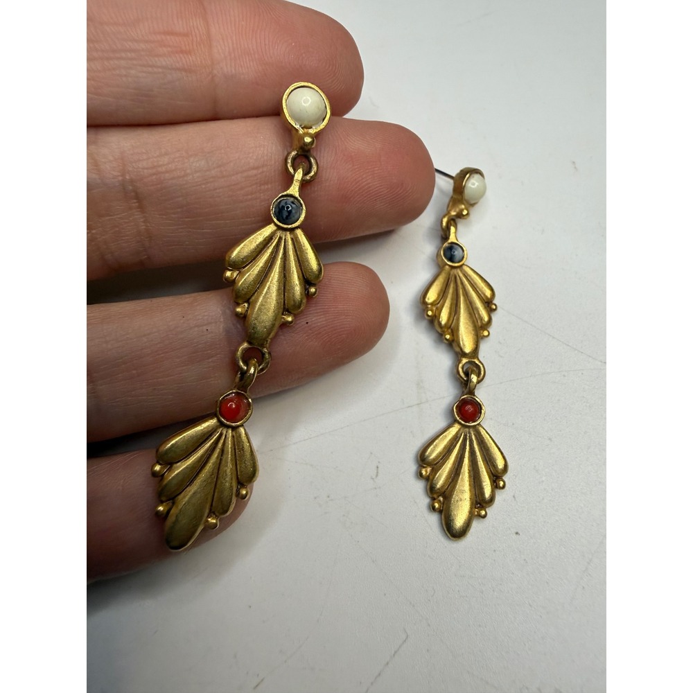 Matte Gold Tone Tiered Fan Drop Earrings Navy Red Cream Cabochon Accents